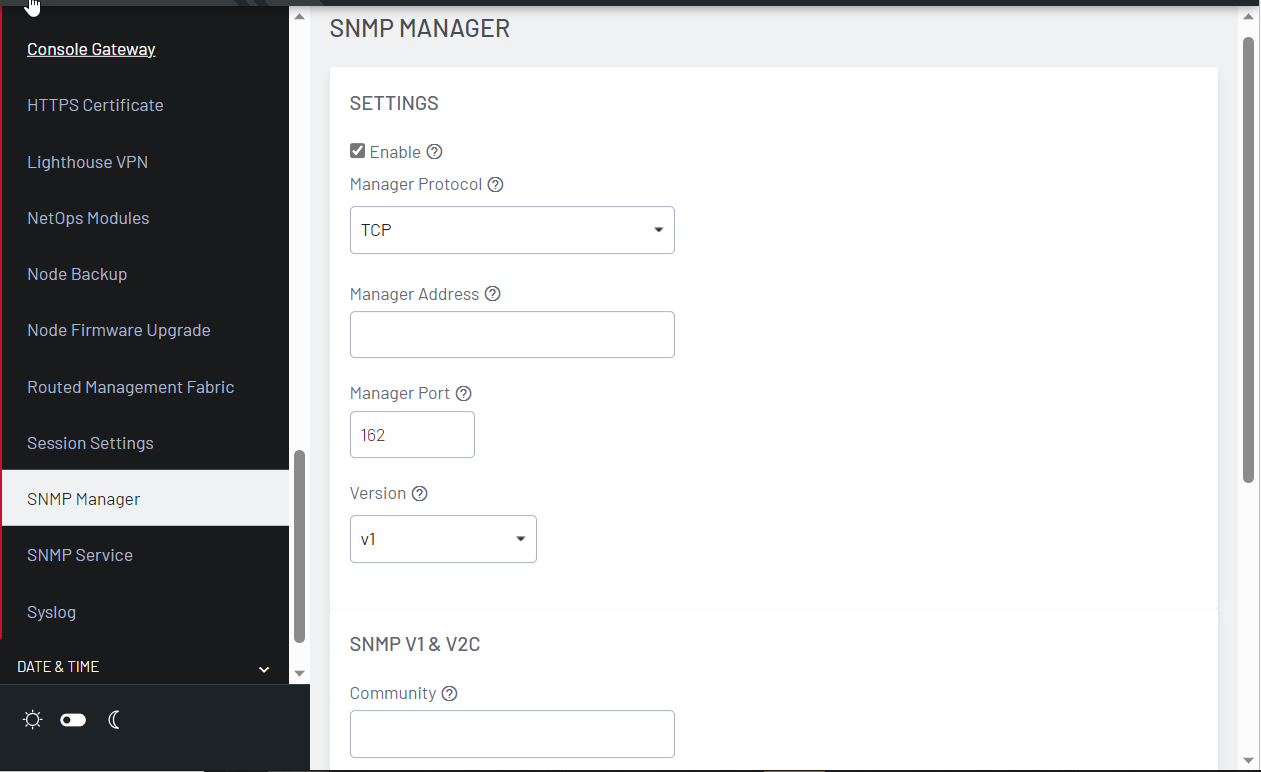 Image of Lighthouse GUI showing how to set up SNMP Manager